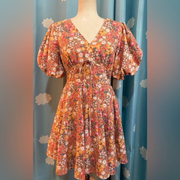 Fate bubble puff sleeve boho floral dress, underbust tie bow- S - Picture 3 of 10